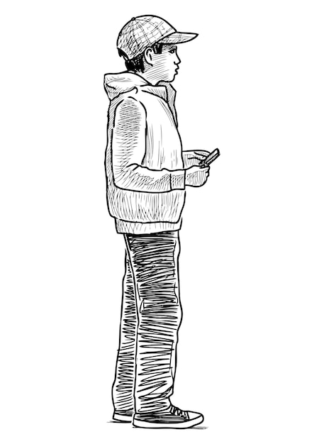 Bosquejo de muchacho adolescente con smartphone de pie y mirando