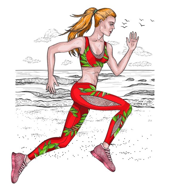 Vector bosquejo de mujer corriendo en la playa