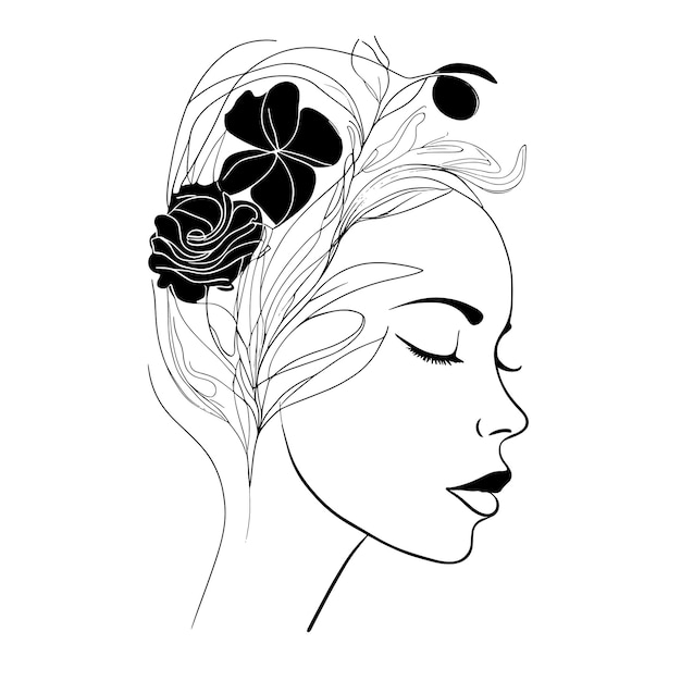 Bosquejo mujer línea arte minimalista logo naturaleza cosméticos orgánicos maquillaje flor cabeza femenina