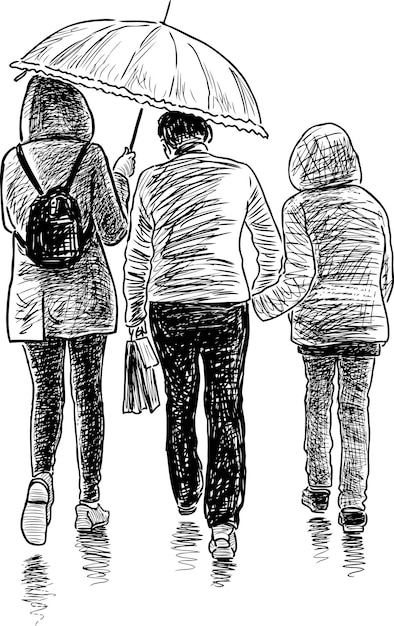 Bosquejo de las mujeres bajo la lluvia