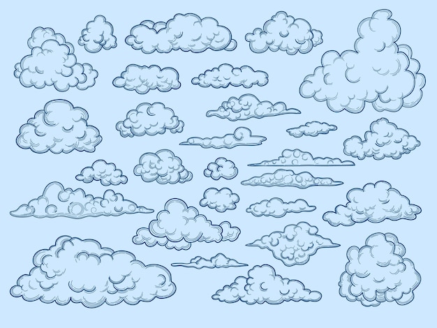 Bosquejo de nubes. Elementos decorativos del cielo tiempo nubes cloudscape estilo vintage. Diseño de colección de nubes, ilustración de boceto antiguo nublado