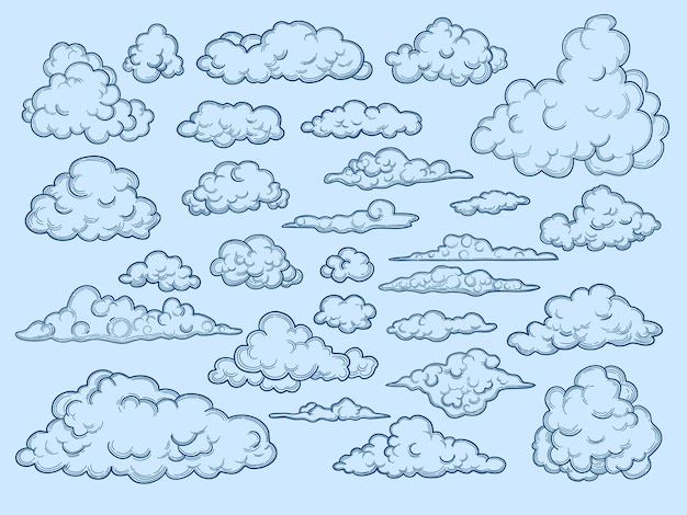 Bosquejo de nubes. elementos decorativos del cielo tiempo nubes cloudscape estilo vintage. diseño de colección de nubes, ilustración de boceto antiguo nublado