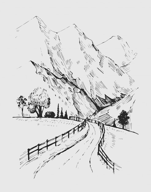 Bosquejo de un paisaje con una carretera y montañas. ilustración dibujada a mano