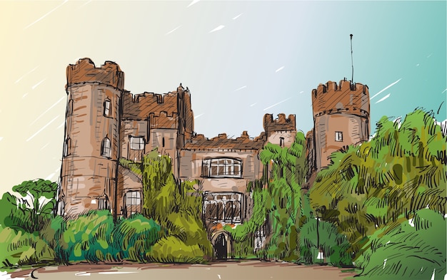 Vector bosquejo del paisaje de la ciudad de dublín, irlanda, el castillo de malahide, ilustración de dibujo a mano alzada