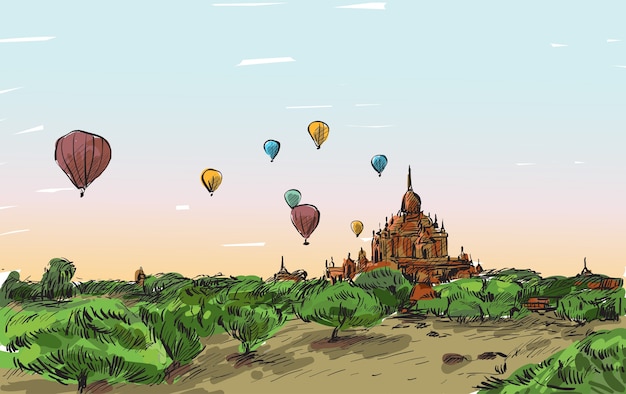 Vector bosquejo del paisaje de mandalay, myanmar, mostrar globo en el cielo sobre bagan, dibujar a mano alzada ilustración