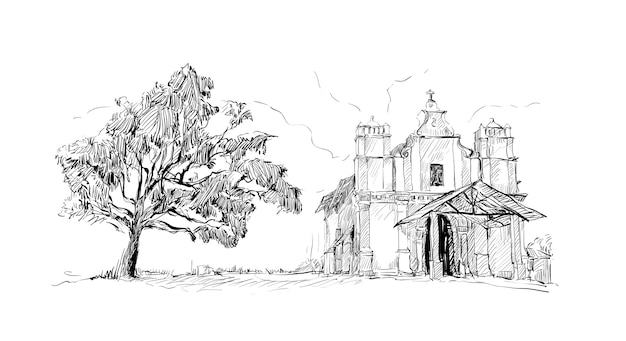 Bosquejo del paisaje muestran la iglesia de la India, un edificio antiguo católico y un gran árbol, ilustración