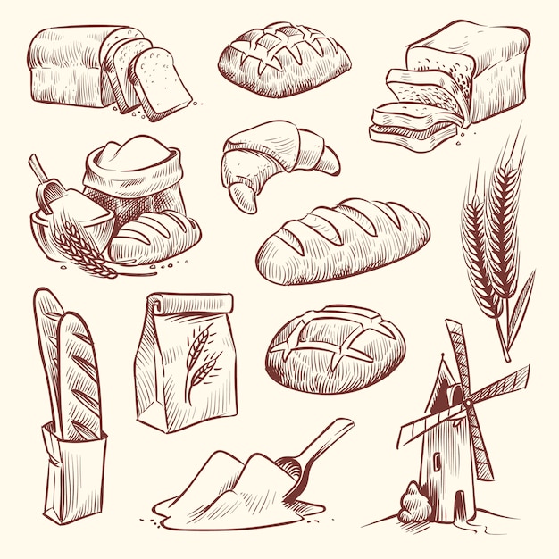 Vector bosquejo de pan molino harinero baguette francés hornear pan comida trigo tradicional panadería cesta grano pastelería tostada rebanada conjunto