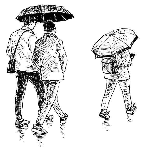 Bosquejo de peatones urbanos ocasionales bajo paraguas caminando bajo la lluvia