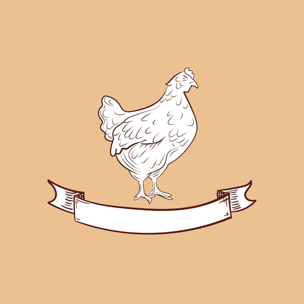 Bosquejo de pollo vectorial con plantilla de emblema de estilo retro de banner vintage