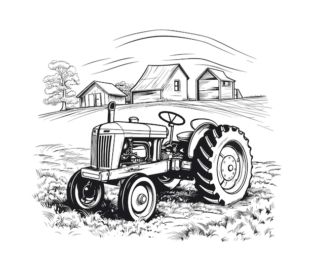 Bosquejo retro del tractor de granja Ilustración de vector de maquinaria agrícola