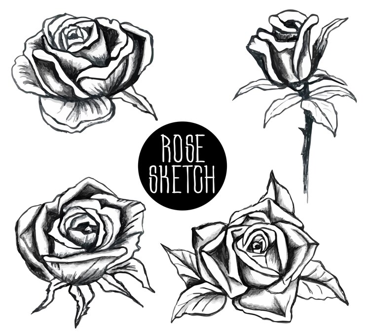 Bosquejo de la rosa del jardín. conjunto de capullos de flores hojas y tallos capullos de rosa abiertos y sin abrir. Negro