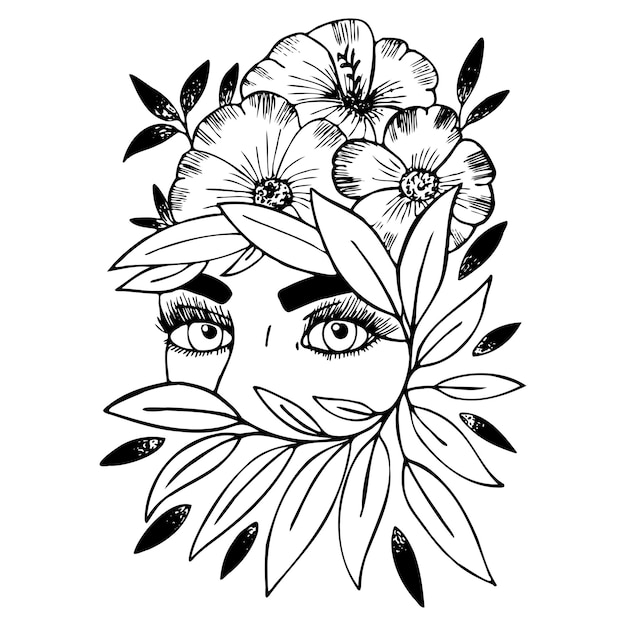 Bosquejo de un rostro femenino con flores Bosquejo en blanco y negro EPS 10