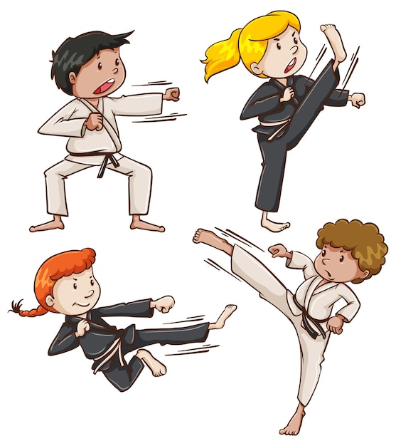 Bosquejo simple de personas que practican artes marciales.