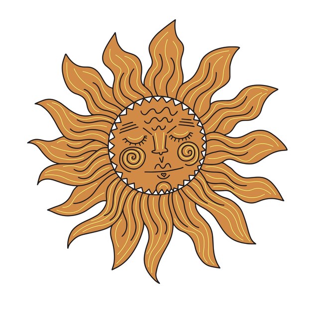 Bosquejo de sol decorativo en estilo doodle Ilustración de vector plano en color dorado sobre fondo blanco