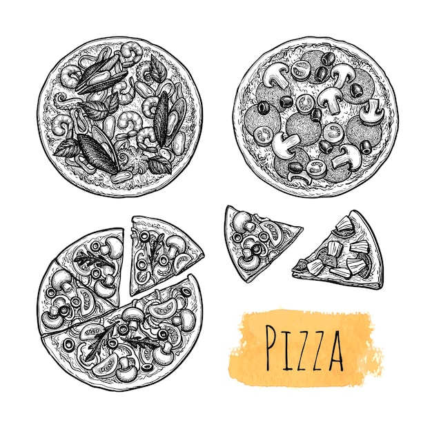 Bosquejo de tinta de pizza. Gran conjunto. Ilustración vectorial dibujada a mano.