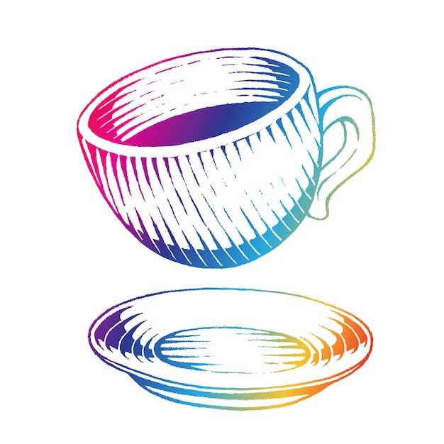 Vector bosquejo de tinta vectorizada de color arco iris de la ilustración de la taza de café