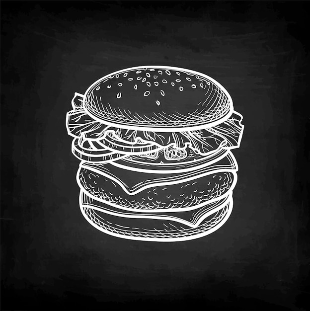 Bosquejo de tiza de hamburguesa en el fondo de la pizarra ilustración de vector dibujado a mano estilo retro