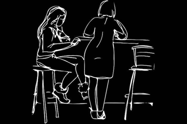 Bosquejo del vector de dos mujeres jóvenes en un café en los taburetes altos