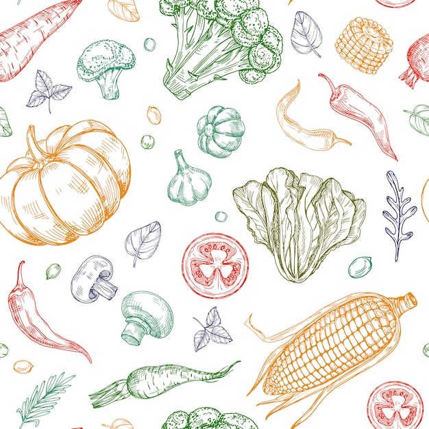 Bosquejo verduras de patrones sin fisuras. Sopa de verduras granja orgánica alimentos fondo vegetal