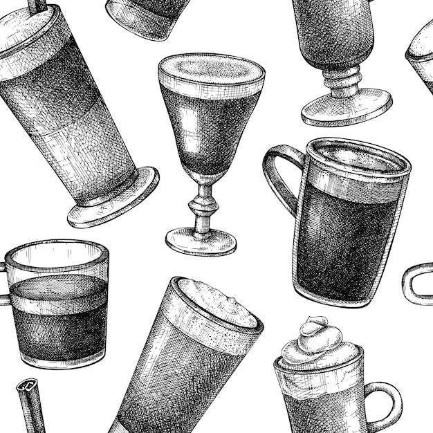 Vector bosquejos de vector de patrones sin fisuras de café de tazas con fondo de bebidas aromáticas con cafeína