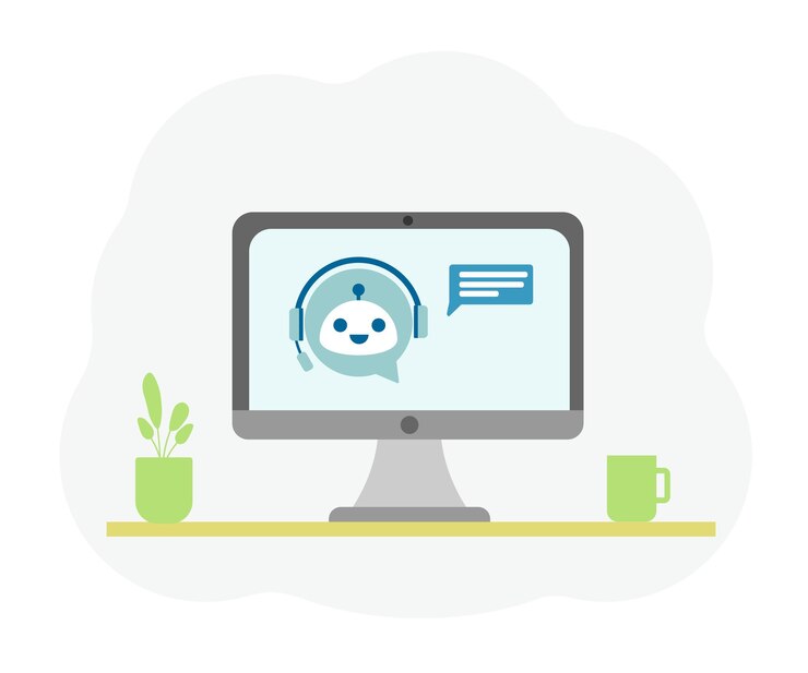 Vector bot de chat en una computadora de monitor de oficina concepto de bot de chat inteligencia artificial