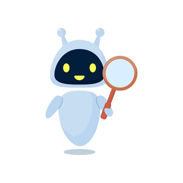 Bot de chat lindo con lupa aislado en fondo blanco Búsqueda de información Ilustración vectorial Concepto servicio de apoyo virtual inteligencia artificial