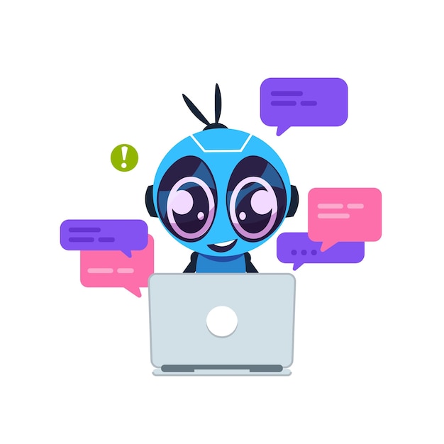 Bot de chat. robot de dibujos animados lindo con inteligencia artificial, asistente personal y concepto de servicio de soporte virtual. centro de ayuda al cliente