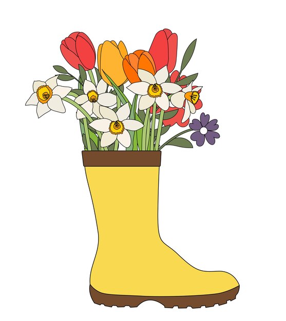 Bota de jardinería con flores tulipanes y narcisos ilustración