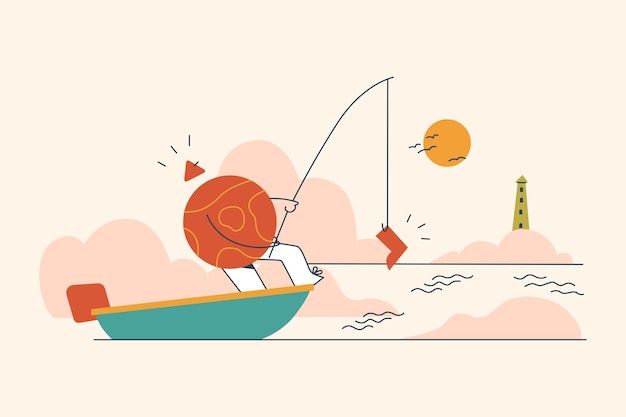 Bota de pesca en la ilustración del mar
