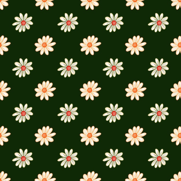 Botánica de patrones sin fisuras con adorno decorativo de flores de Margarita. Fondo brillante verde oscuro. Diseño vectorial para textiles, telas, papel de regalo, fondos de pantalla.