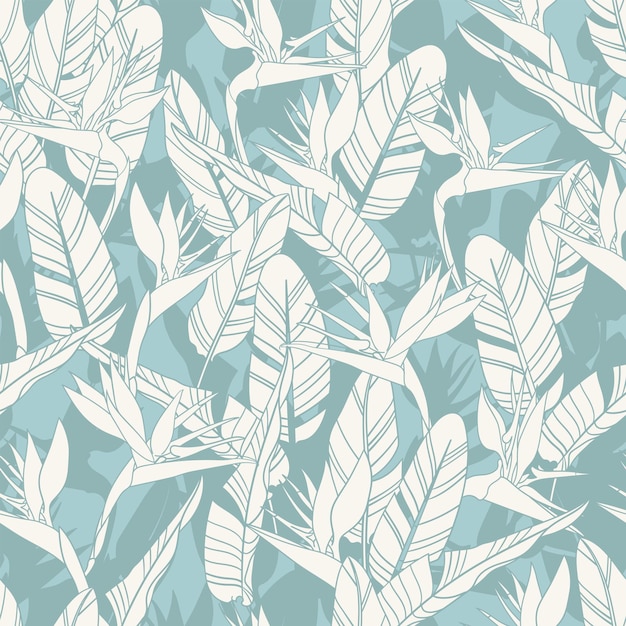 Botanical Hawaiian seamless pattern Tropical flower vector background Strelitzia reginae flowers and leaves Summer beach vacation fashion print