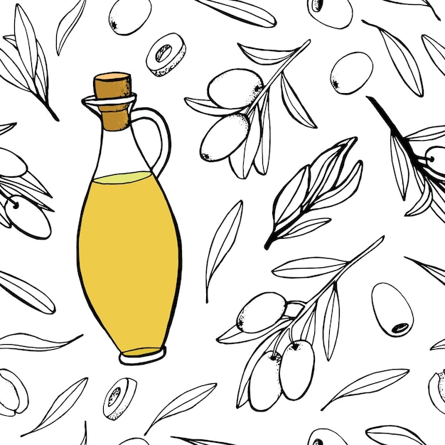 Botánico de patrones sin fisuras de hojas de ramitas de aceitunas y botella de aceite de vidrio