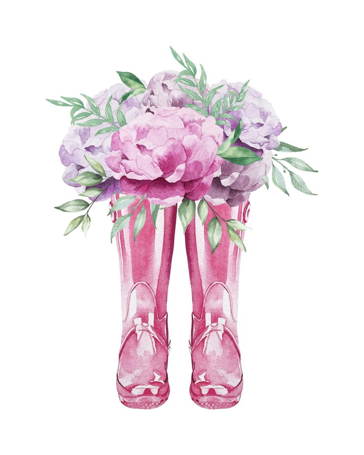 Vector botas de agua rosa acuarela con flores de peonía. hola tarjeta de felicitación de otoño. botas de goma jardín floral