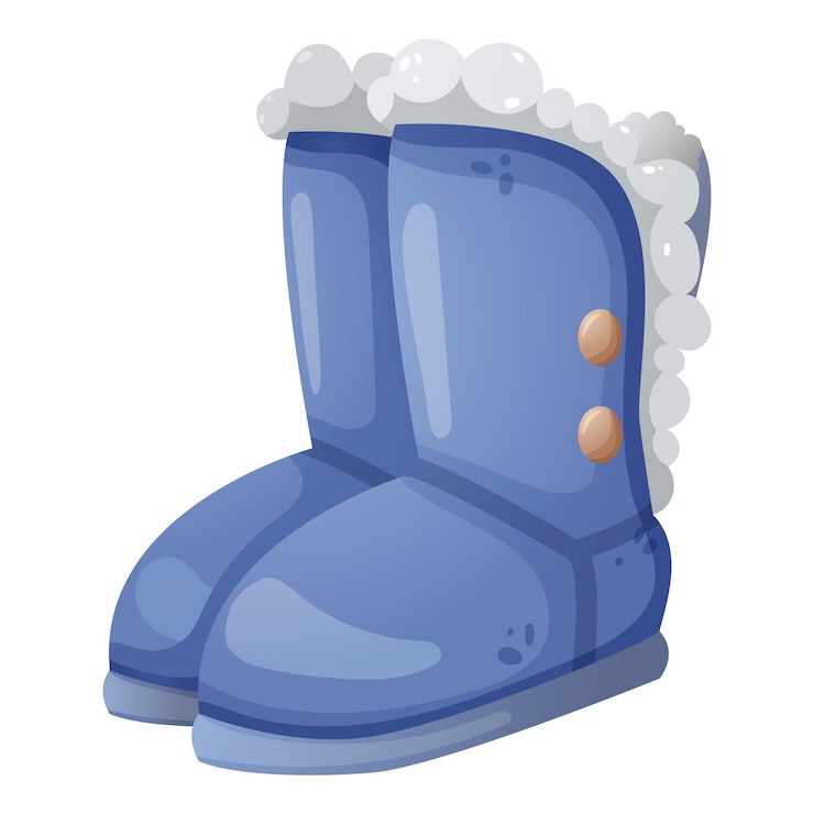 Vector botas azules cálidas de invierno con piel gris. ilustración de vector dibujado a mano sobre un fondo blanco