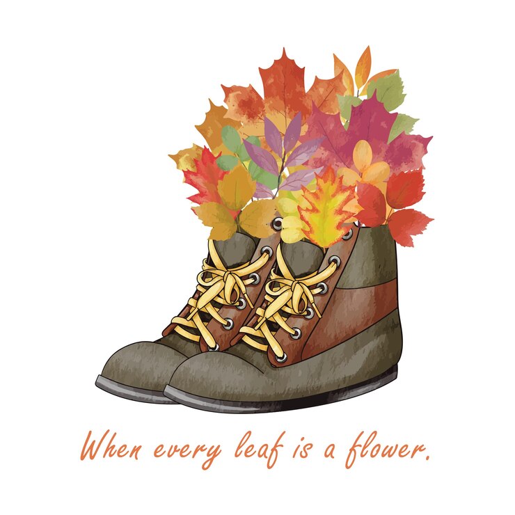Vector botas cortas con hojas de colores en el interior. ilustración vectorial de acuarela. diseño plano de otoño estacional.