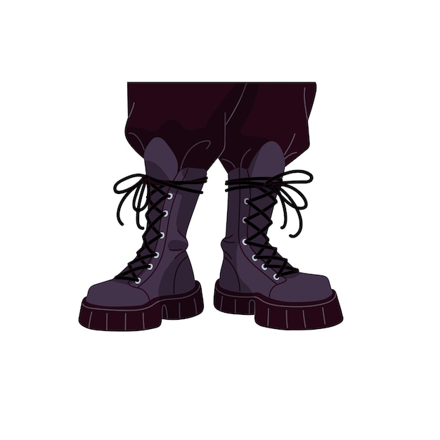 Botas de ejército negras de moda con cordones negros Par de zapatos de combate de cuero en las piernas Pies en calzado alto para hacer senderismo en estilo punk Calzado de soldado Ilustración vectorial aislada plana sobre fondo blanco