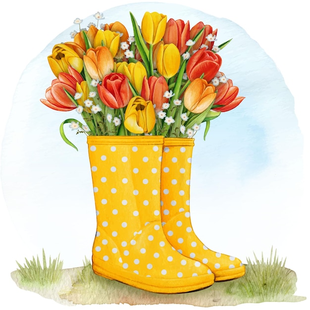 botas de goma acuarela con ramo de flores