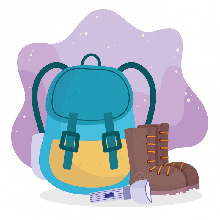 Vector botas de mochila de camping y equipo de linterna de dibujos animados