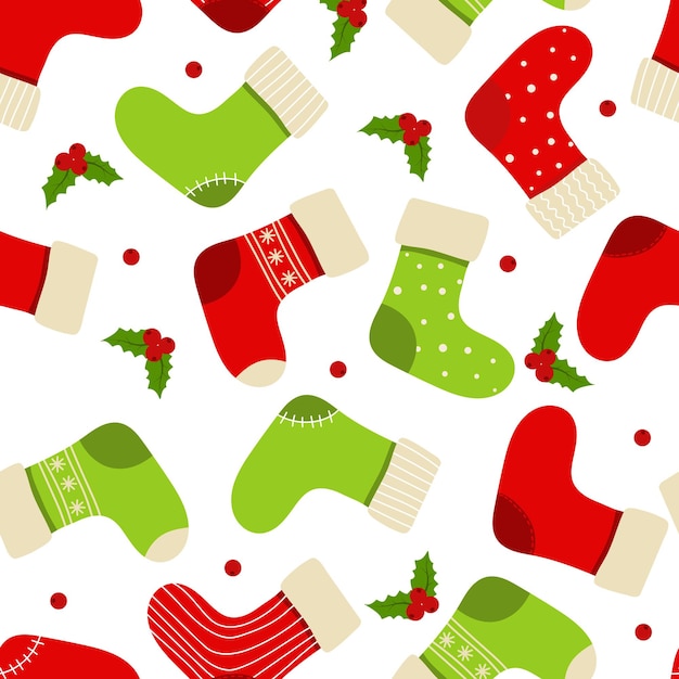 Botas navideñas y hojas de muérdago con bayas Patrón sin costuras de invierno