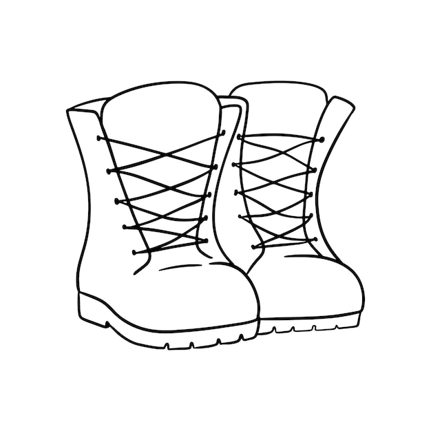 Botas de senderismo con contorno dibujado a mano aislado en fondo blanco Ilustración de garabateo de línea vectorial