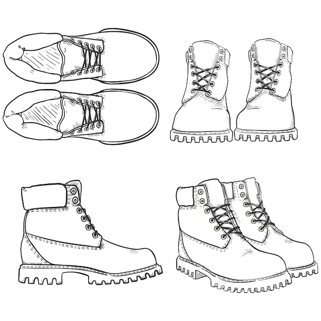 Botas de trabajo Conjunto vectorial de ilustraciones de zapatos de boceto