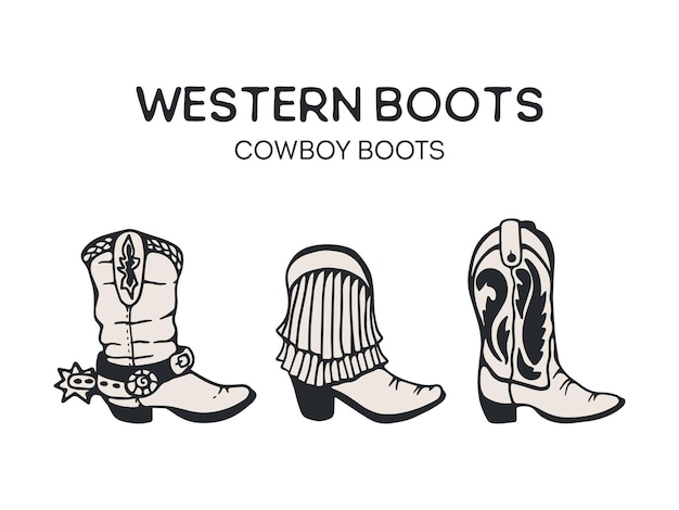 Botas vaqueras, ilustración vectorial de botas occidentales. botas set estilo americano dibujo a mano