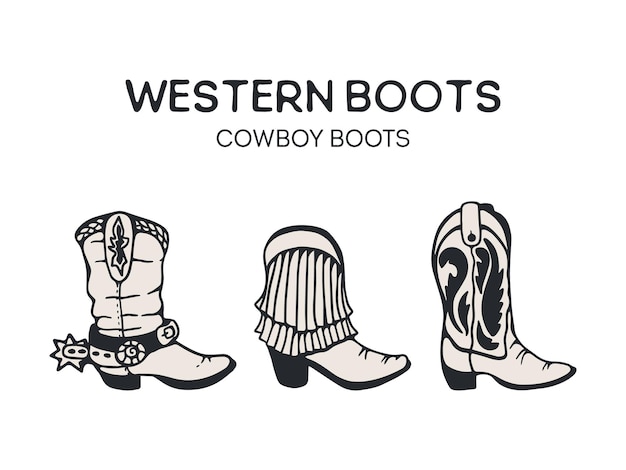 Botas vaqueras, ilustración vectorial de botas occidentales. Botas set estilo americano dibujo a mano