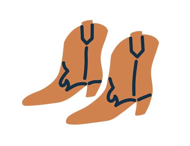 Botas vaqueras del oeste. Calzado de vaquera. Zapatos de tacón bajo de otoño de moda. Calzado de mujer moderno. Par de calzado de moda. Ilustración de vector plano coloreado aislado sobre fondo blanco