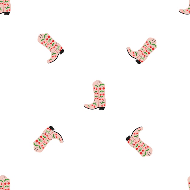 Botas vaqueras con ornamento de patrones sin fisuras Tema del salvaje oeste Dibujado a mano ilustración de vector de moda de color sobre fondo blanco