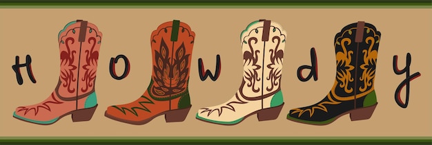 Botas vaqueras retro. Ilustración de vector con letras. Hola.