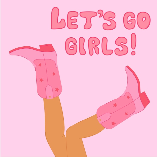 Botas de vaquero rosadas retro en las piernas de una chica en un póster retro de fondo rosado Ilustración vectorial