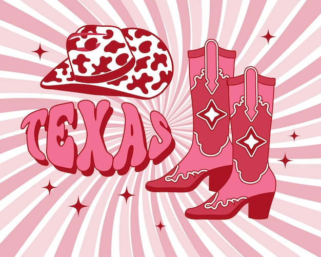 Botas de vaquero y sombrero de vaquero con estampado de vaca. Botas estilo western rosa y texto de Texas.
