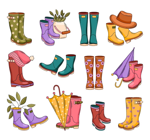 Botas Wellington conjunto de ilustración vectorial Botas de jardinería clipart Family wallies print