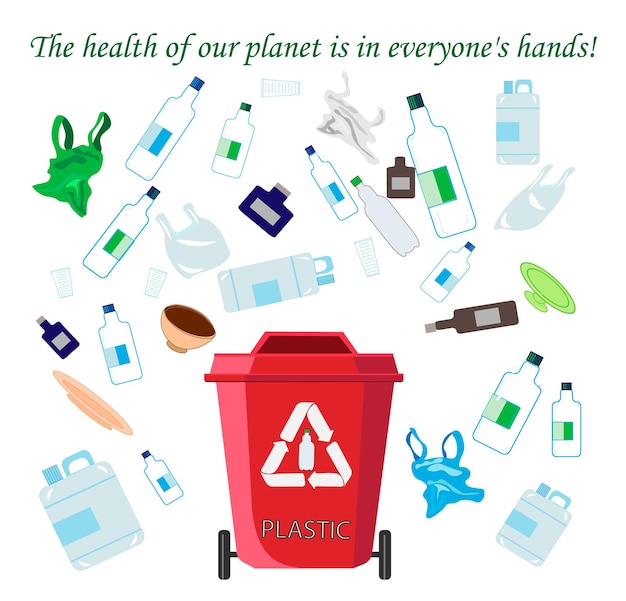 Un bote de basura rojo con las palabras la salud de nuestro planeta está en manos de todos